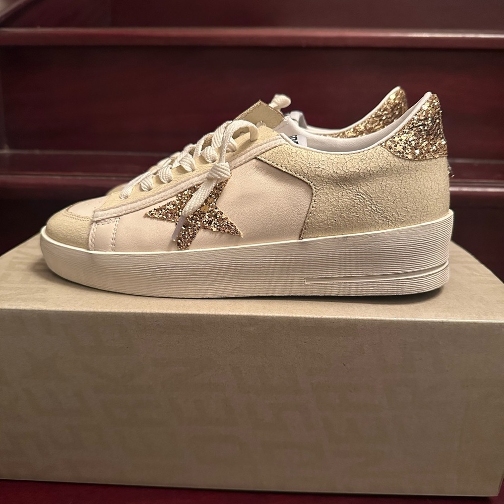 Golden Goose Beige and Gold Glitter Sneakers